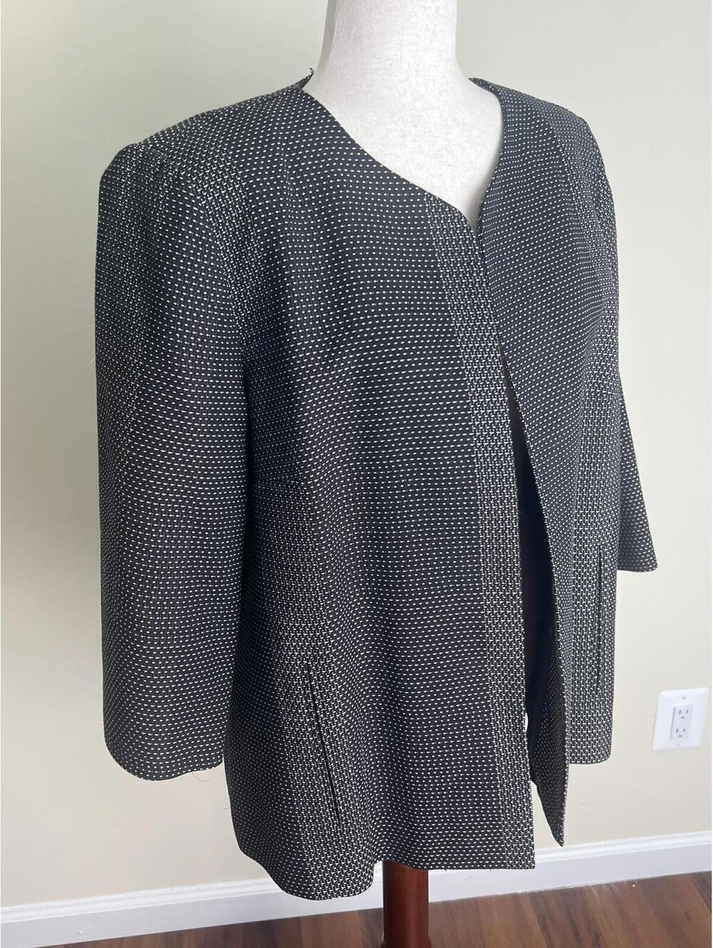 Eileen Fisher Organic Cotton Open Front Jacket Black White Textured Size L - Picture 2 of 8